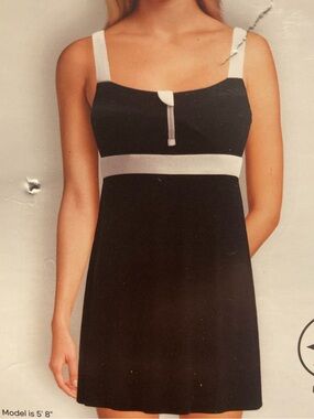 Lands' End Large Black Swim Dress with White Band and Light Gray Straps NWT
